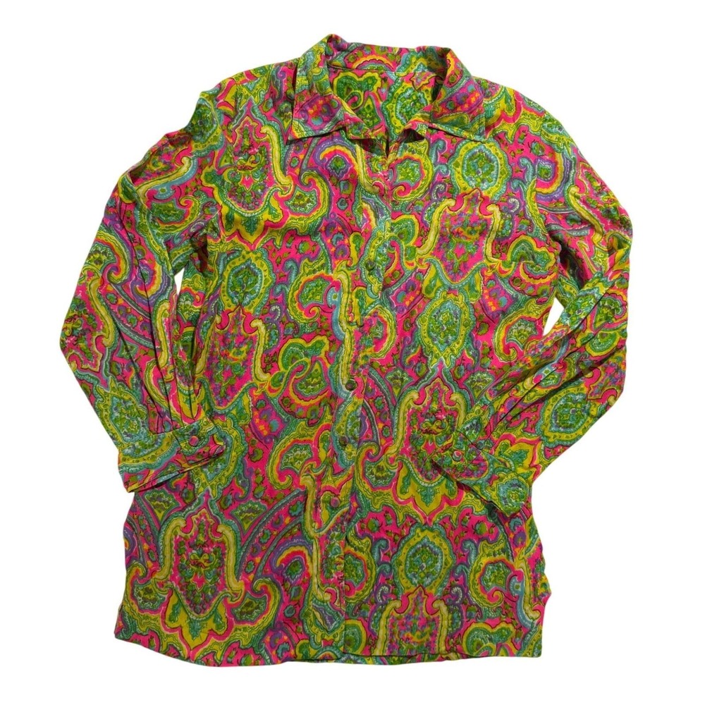 Handmade Neon Paisley Button Front Shirt Jacket Boho Psychedelic Top Women's M